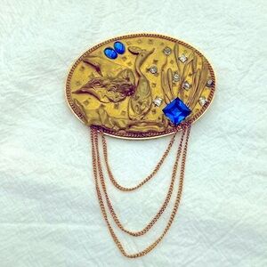 Vintage Arts and Crafts  Gold and Blue Brooch with Chain Accents